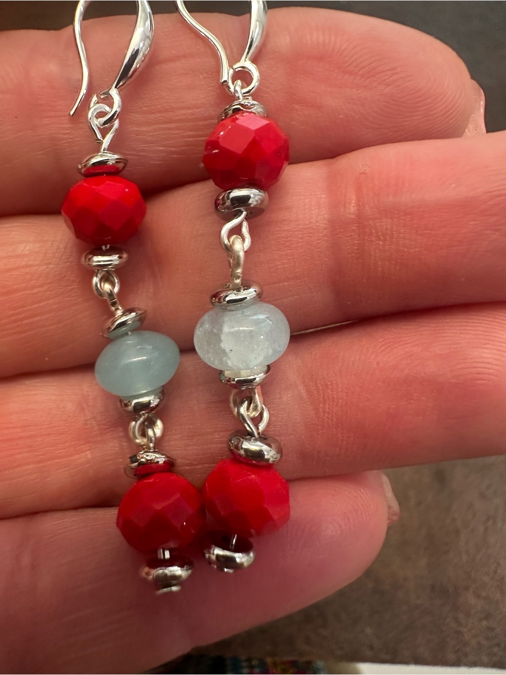 Silver Red and Light Blue Bead Drop Earrings